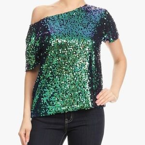 Short Sleeve One Shoulder Sparkly Glitter Sequin Top